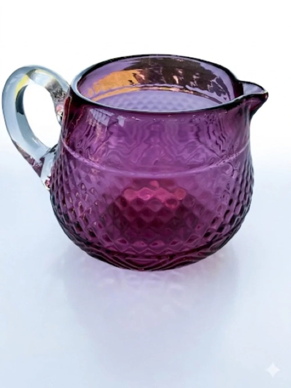 Vintage Cranberry Glass Creamer Mini Pitcher Diamond Quilted Pattern Pontil Mark